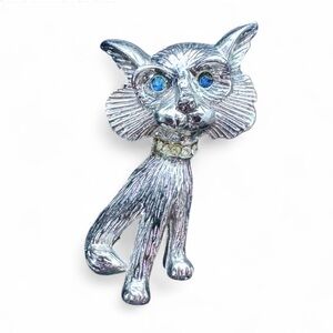Signed Vintage Silver Tone Sphinx Cat Brooch with Blue Rhinestone Eyes & Collar